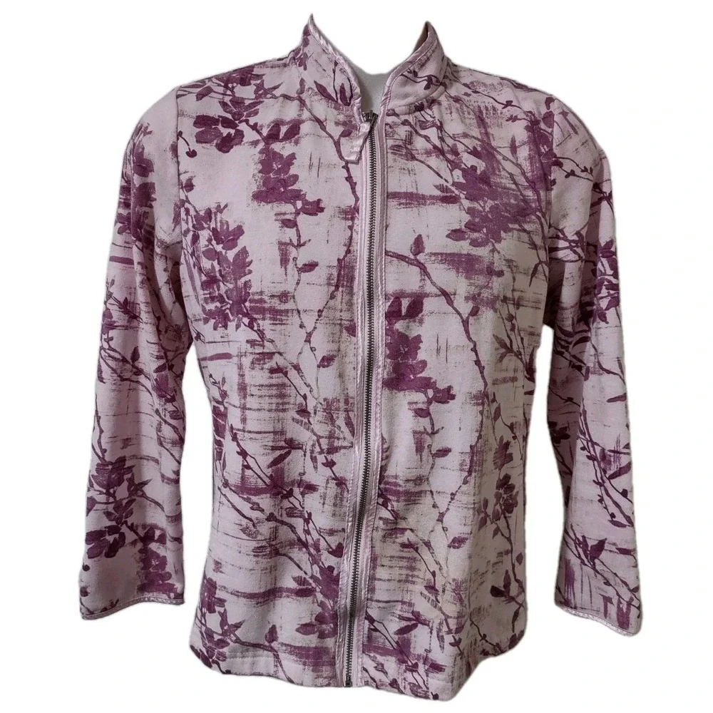 Sag Harbor‎ Floral Sweat Jacket Women's Size X- Large Long Sleeve  Full Zip Pink